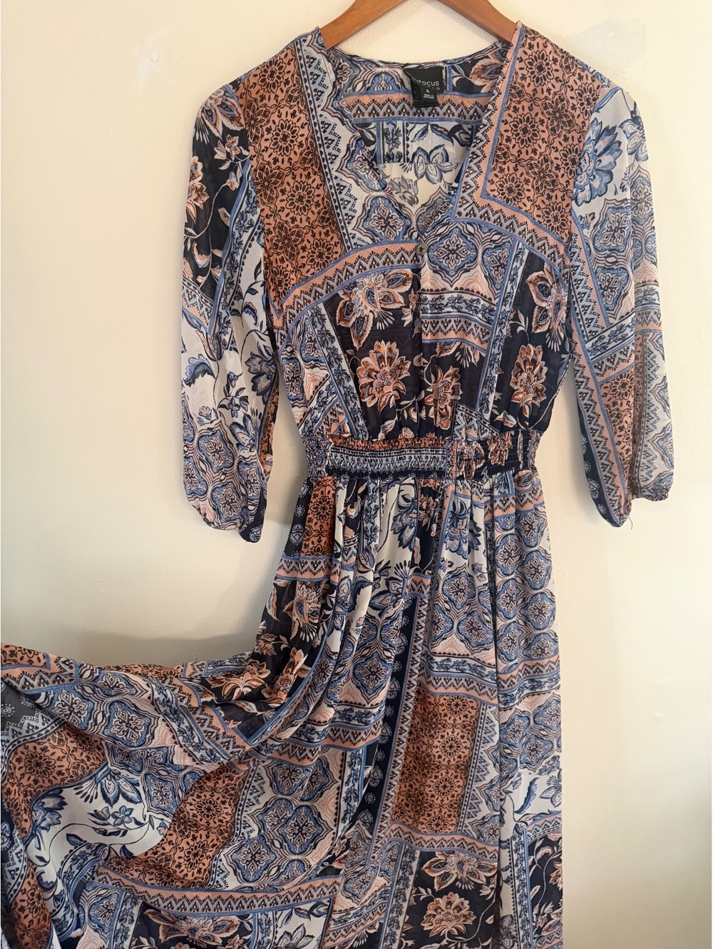 Enfocus Studio Sheer Maxi Dress Boho Patchwork Paisley Size 6